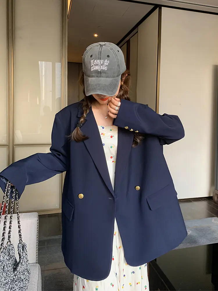 LANMREM Women Blazer Coat Notched Collar Full Sleeves Single Breasted Navy Blue Jacket Coats Female Fashion Korean Style 2DC1508