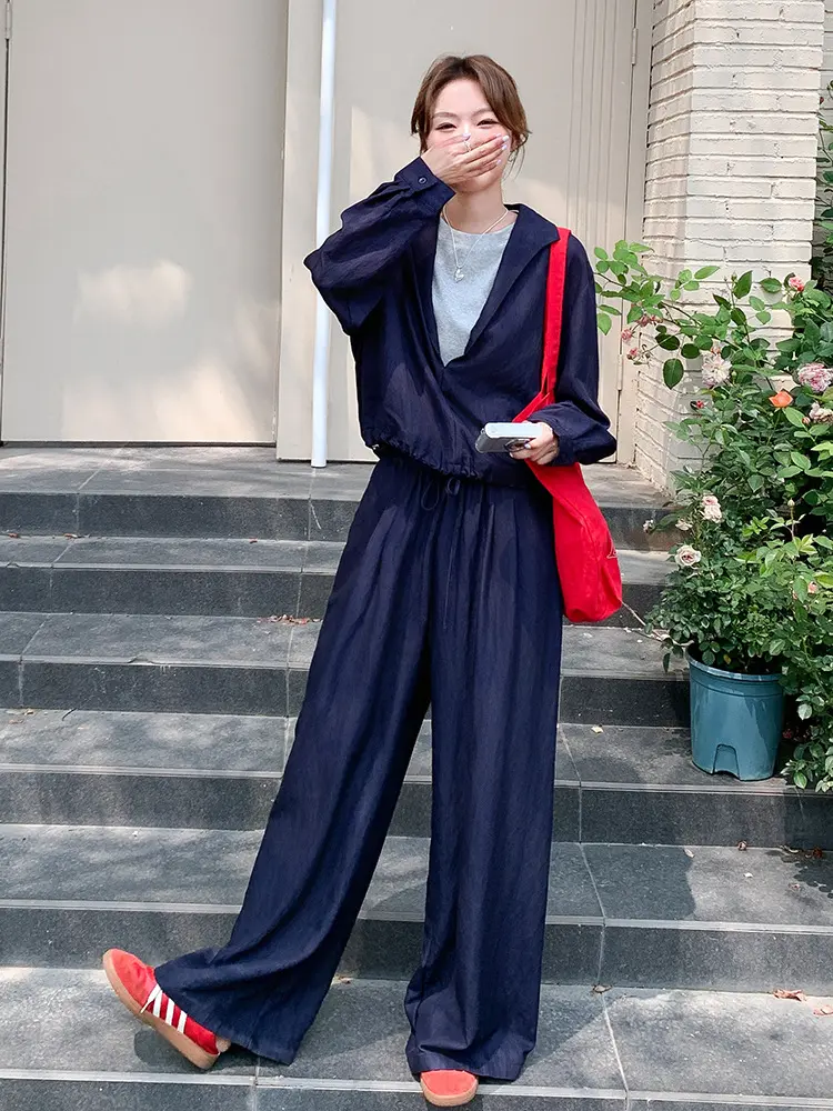 LANMREM Navy blue chic pants set women 2025 new loose casual lapel fake two pieces top and elastic waist wide leg pants sets