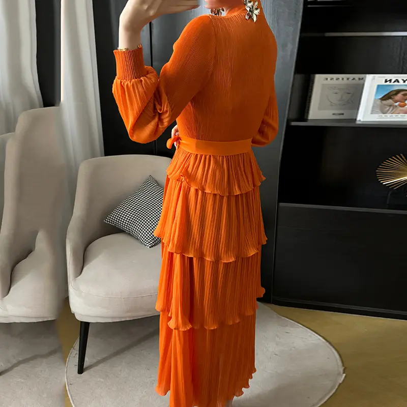 LANMREM Ruffles Spliced Pleated Women's Dress Stand Collar Belt Gathered Waist Long Dresses Fashion Party 2025 New 2DA4614