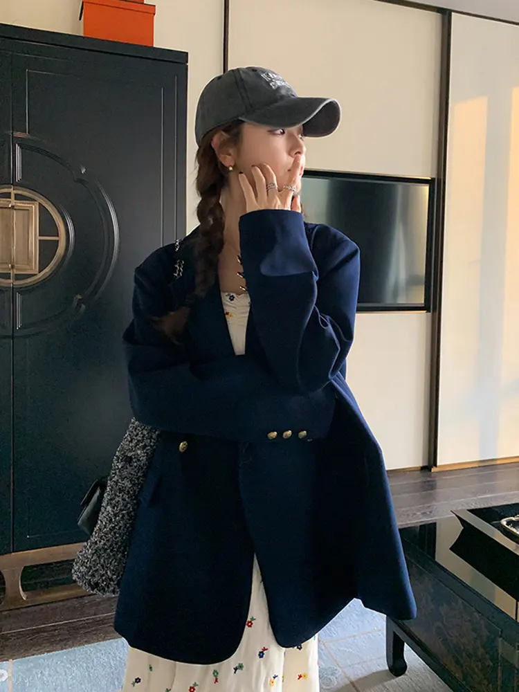 LANMREM Women Blazer Coat Notched Collar Full Sleeves Single Breasted Navy Blue Jacket Coats Female Fashion Korean Style 2DC1508
