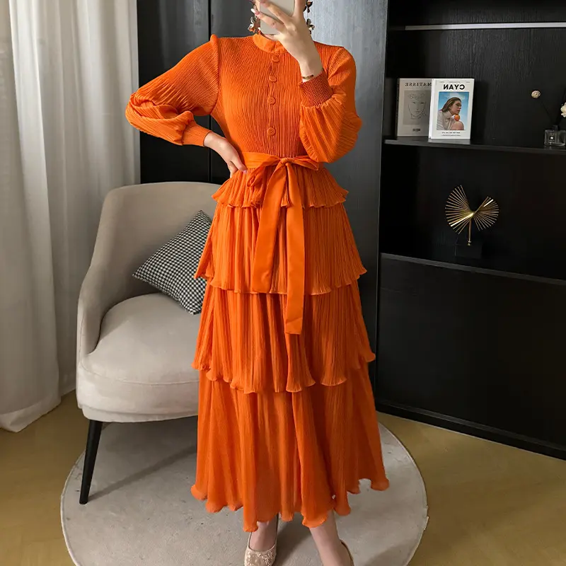 LANMREM Ruffles Spliced Pleated Women's Dress Stand Collar Belt Gathered Waist Long Dresses Fashion Party 2025 New 2DA4614