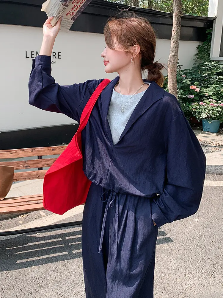 LANMREM Navy blue chic pants set women 2025 new loose casual lapel fake two pieces top and elastic waist wide leg pants sets