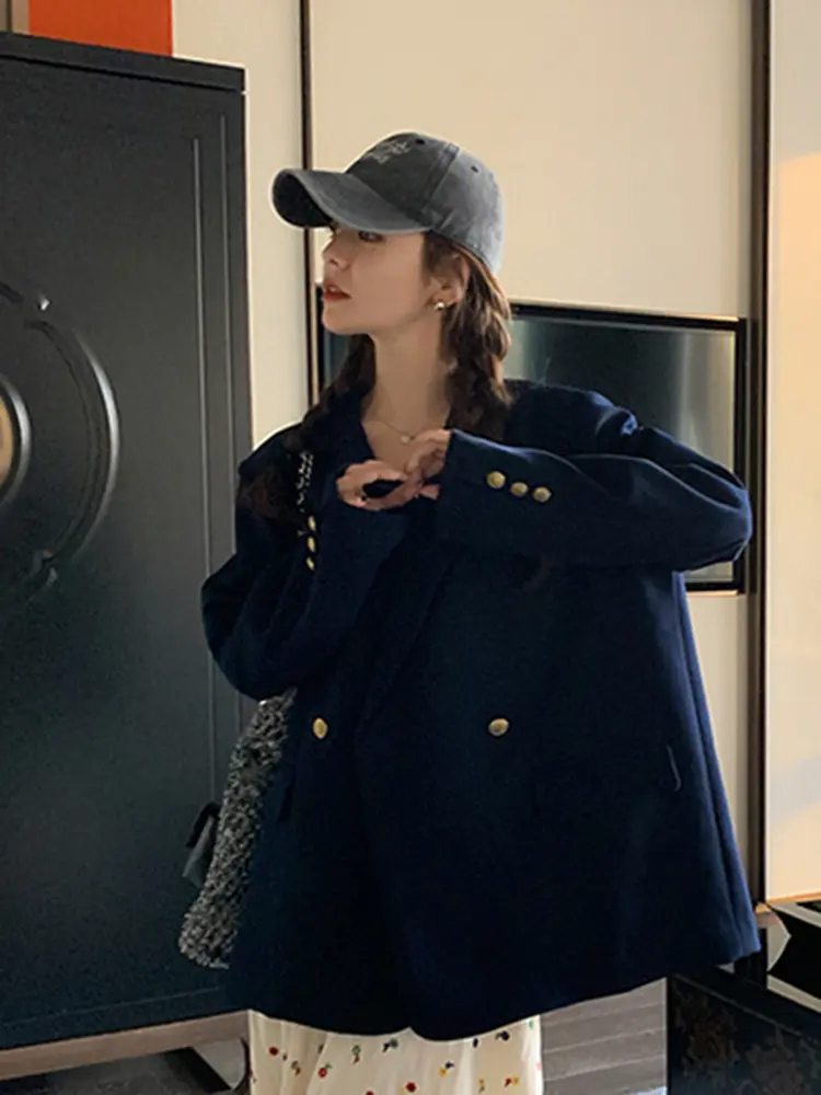 LANMREM Women Blazer Coat Notched Collar Full Sleeves Single Breasted Navy Blue Jacket Coats Female Fashion Korean Style 2DC1508