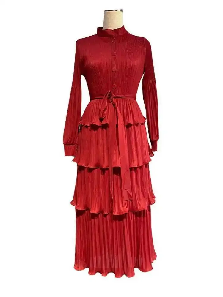 LANMREM Ruffles Spliced Pleated Women's Dress Stand Collar Belt Gathered Waist Long Dresses Fashion Party 2025 New 2DA4614
