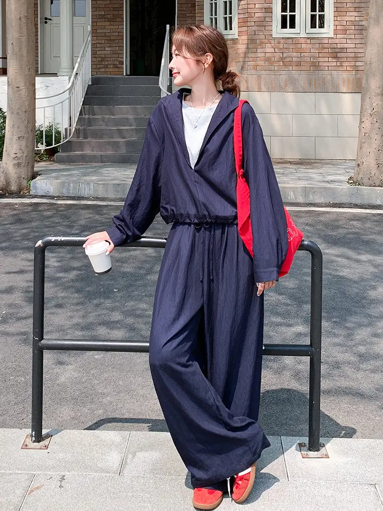 LANMREM Navy blue chic pants set women 2025 new loose casual lapel fake two pieces top and elastic waist wide leg pants sets