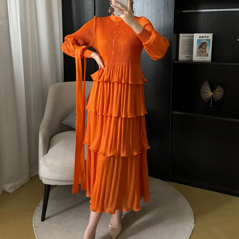 LANMREM Ruffles Spliced Pleated Women's Dress Stand Collar Belt Gathered Waist Long Dresses Fashion Party 2025 New 2DA4614