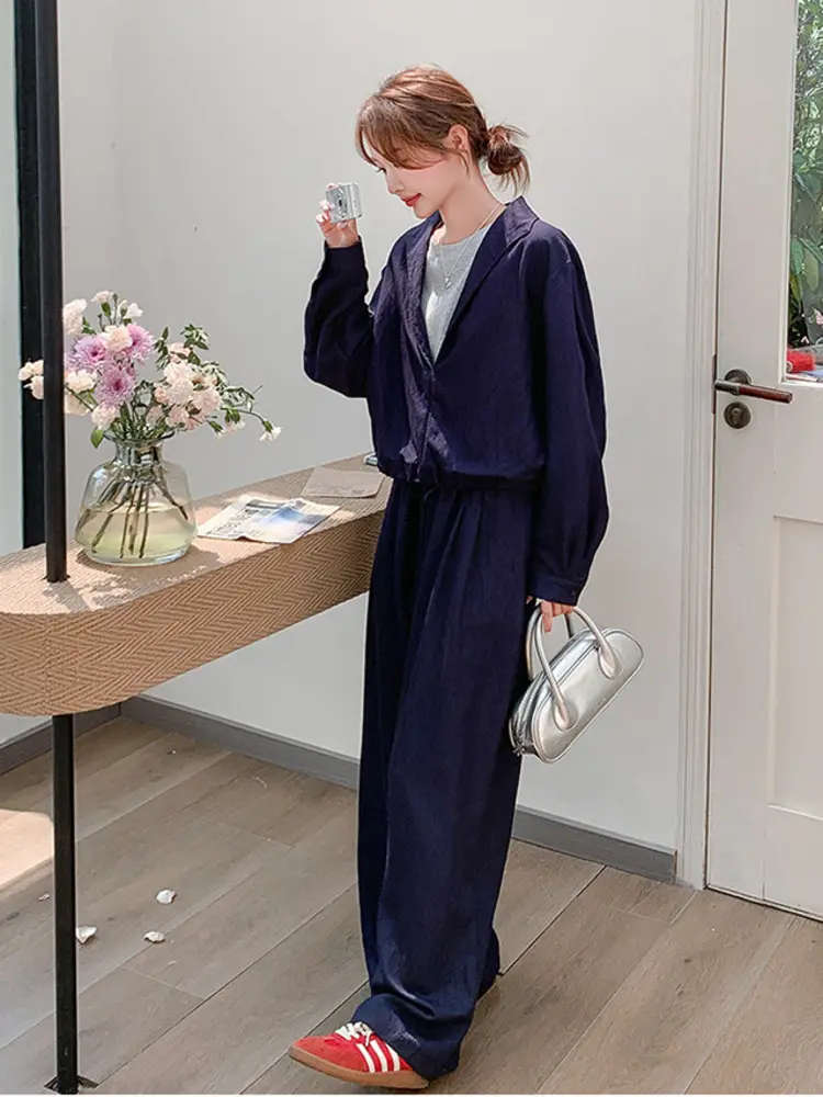 LANMREM Navy blue chic pants set women 2025 new loose casual lapel fake two pieces top and elastic waist wide leg pants sets