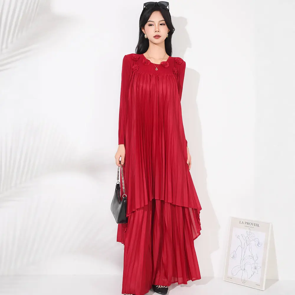 LANMREM Fashion Pleated Women's Two Pieecs Set Chic Loose Mid-Length Pullover Top And High-Waisted Draped Wide-Leg Pants 2DB4161