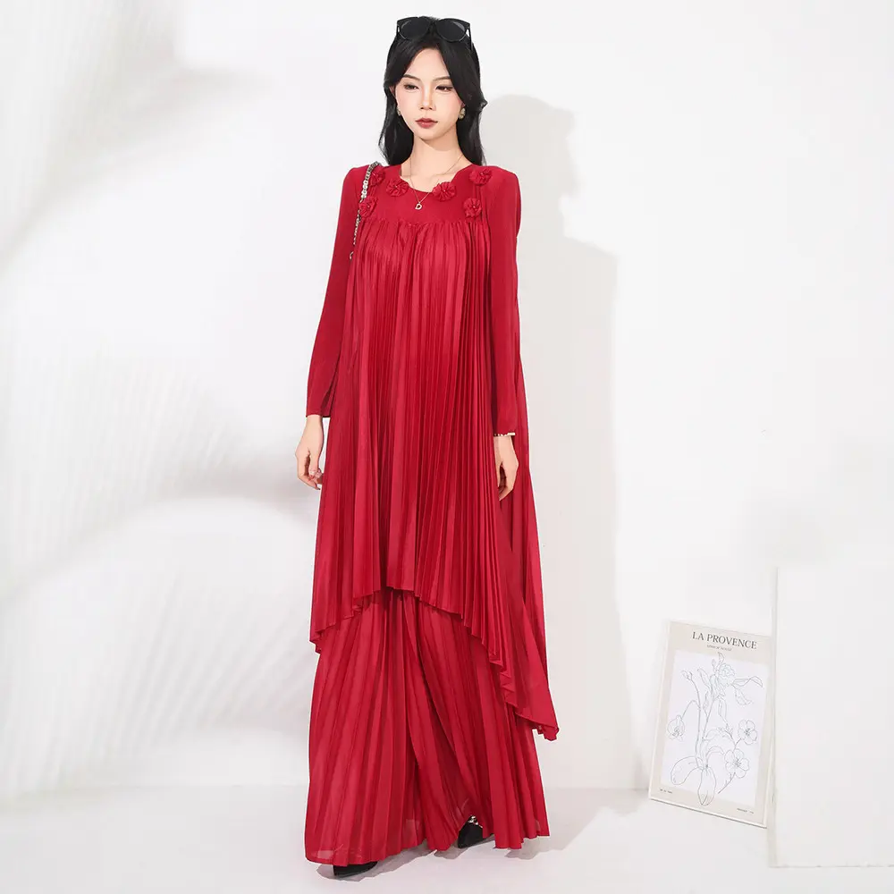 LANMREM Fashion Pleated Women's Two Pieecs Set Chic Loose Mid-Length Pullover Top And High-Waisted Draped Wide-Leg Pants 2DB4161