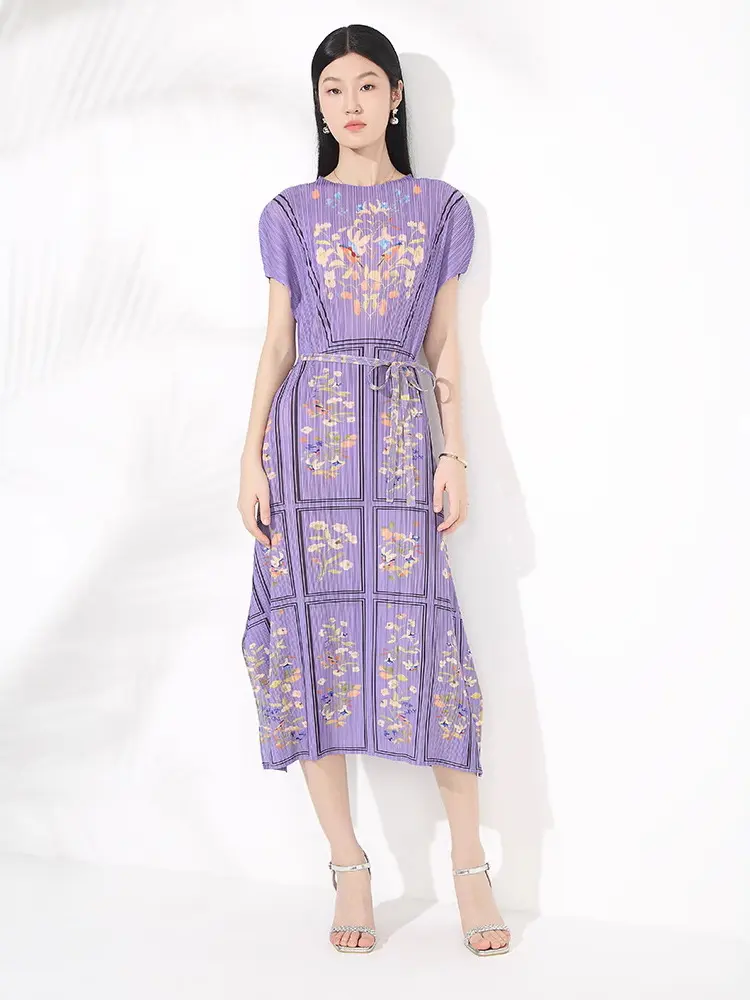 LANMREM Elegant Temperament Women's Dress High-end  French Style Purple Elastic Slim Pullover Printed Pleated Dresses 2DB3556
