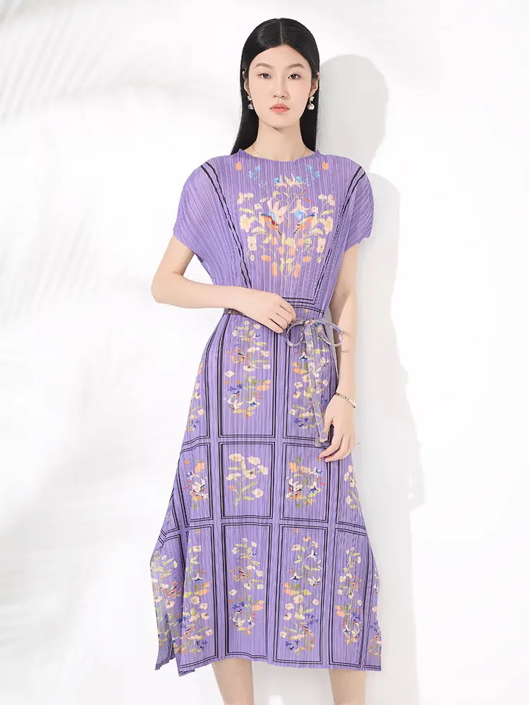 LANMREM Elegant Temperament Women's Dress High-end  French Style Purple Elastic Slim Pullover Printed Pleated Dresses 2DB3556