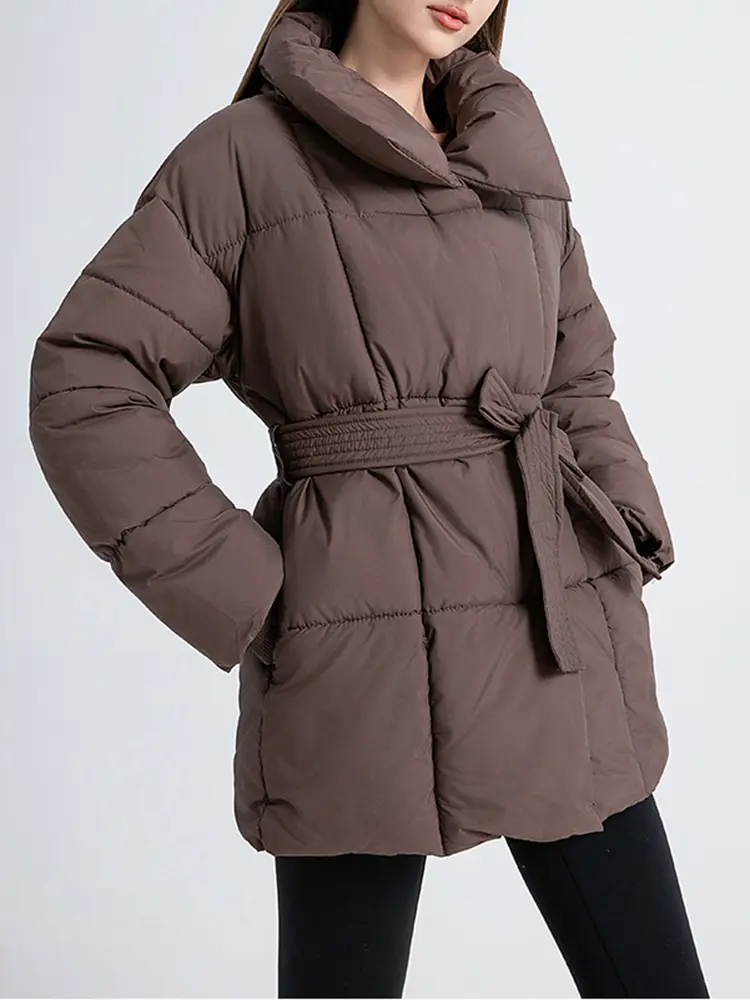 LANMREM Women's Parkas Solid Color Warm Cotton Padded Coat Jacket Belt Gathered Waist Female Fashion Winter Clothing 2DB1775