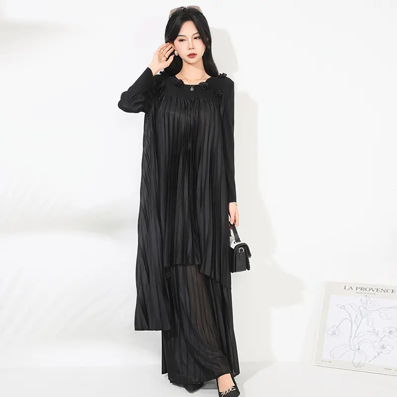 LANMREM Fashion Pleated Women's Two Pieecs Set Chic Loose Mid-Length Pullover Top And High-Waisted Draped Wide-Leg Pants 2DB4161