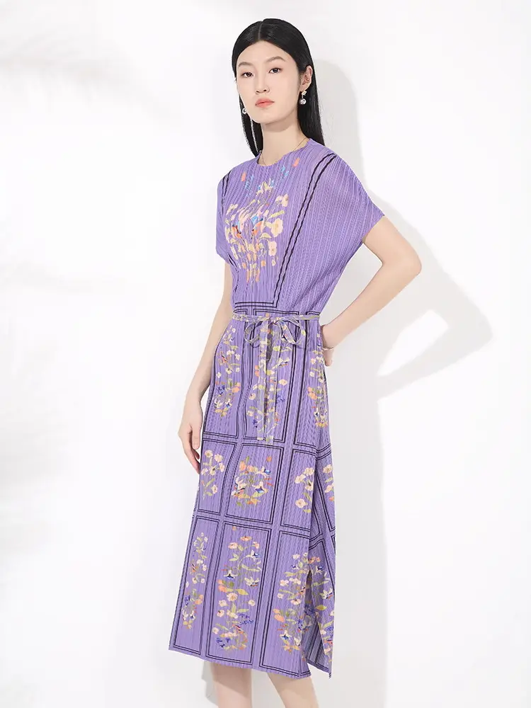 LANMREM Elegant Temperament Women's Dress High-end  French Style Purple Elastic Slim Pullover Printed Pleated Dresses 2DB3556