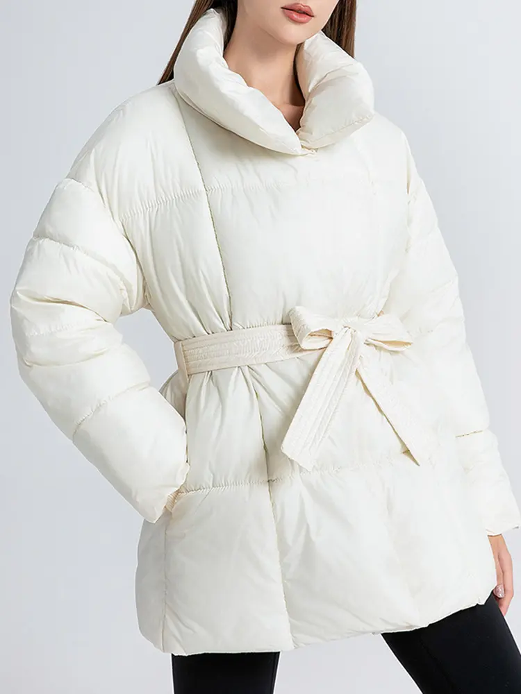 LANMREM Women's Parkas Solid Color Warm Cotton Padded Coat Jacket Belt Gathered Waist Female Fashion Winter Clothing 2DB1775