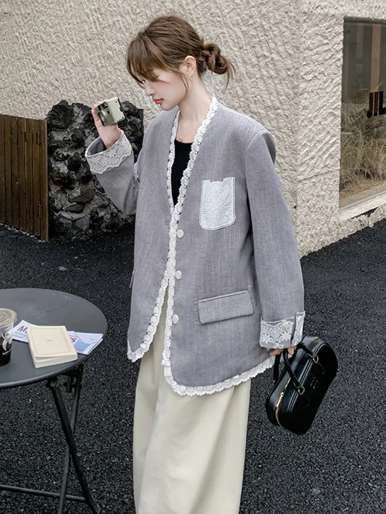 LANMREM Temperament Lace Spliced Collarless Grey Suit Jacket Women's Korean Chic Lace Pockets Design Single Breated Blazer Coat