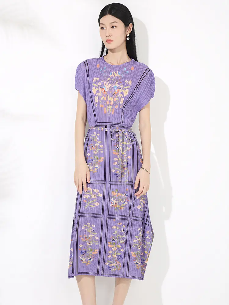 LANMREM Elegant Temperament Women's Dress High-end  French Style Purple Elastic Slim Pullover Printed Pleated Dresses 2DB3556