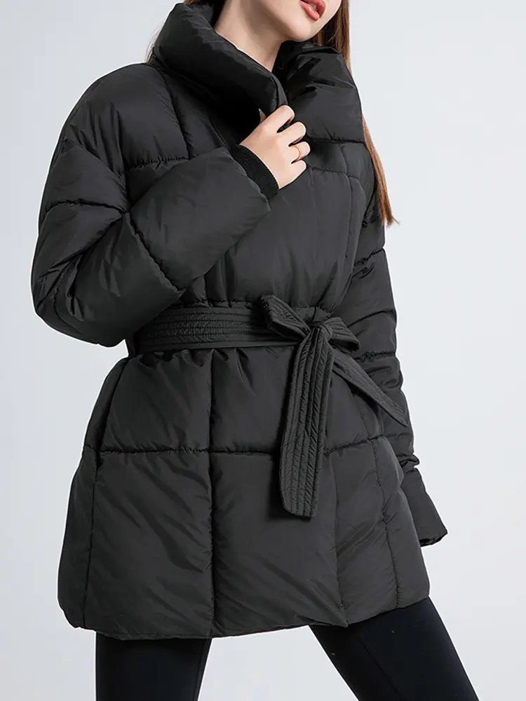 LANMREM Women's Parkas Solid Color Warm Cotton Padded Coat Jacket Belt Gathered Waist Female Fashion Winter Clothing 2DB1775