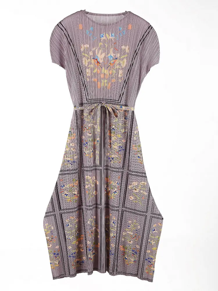 LANMREM Elegant Temperament Women's Dress High-end  French Style Purple Elastic Slim Pullover Printed Pleated Dresses 2DB3556