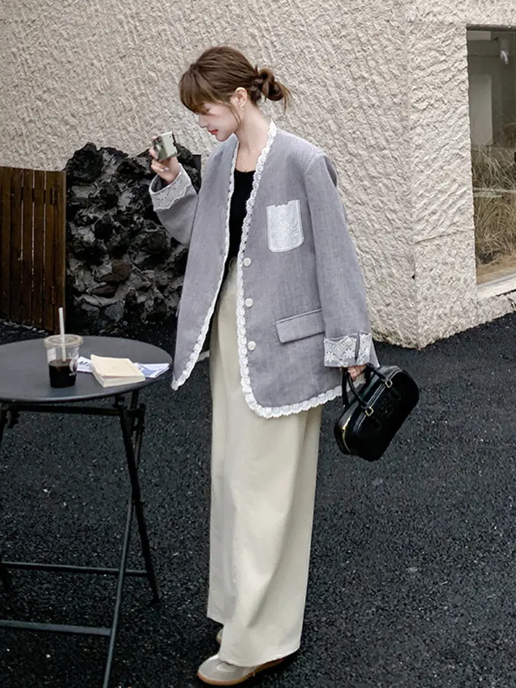 LANMREM Temperament Lace Spliced Collarless Grey Suit Jacket Women's Korean Chic Lace Pockets Design Single Breated Blazer Coat