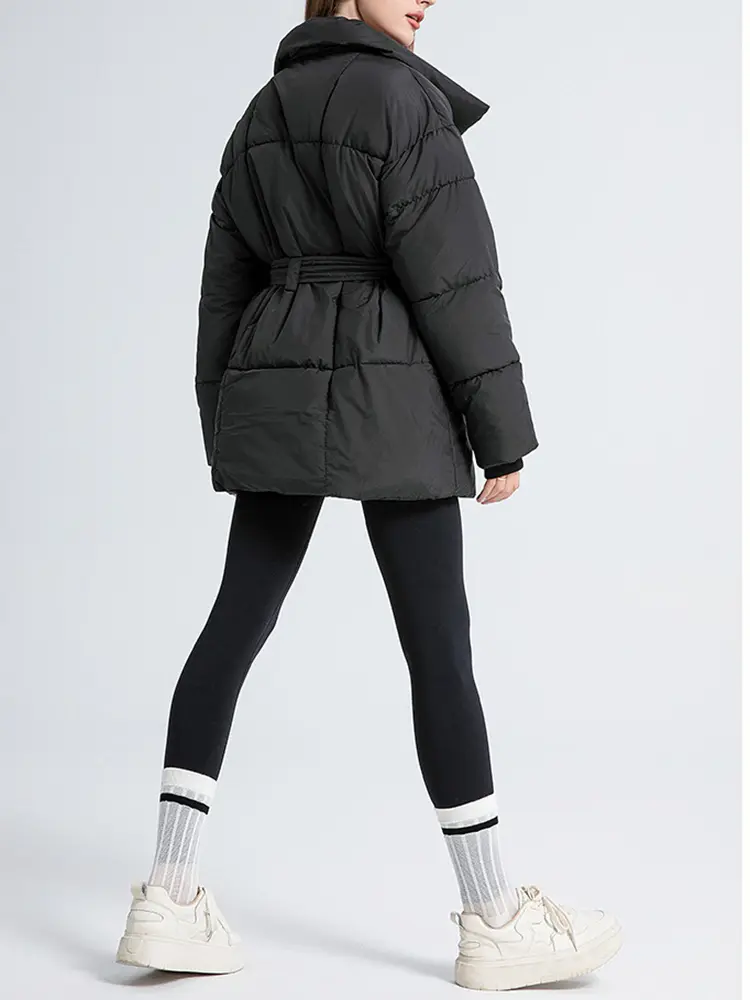 LANMREM Women's Parkas Solid Color Warm Cotton Padded Coat Jacket Belt Gathered Waist Female Fashion Winter Clothing 2DB1775