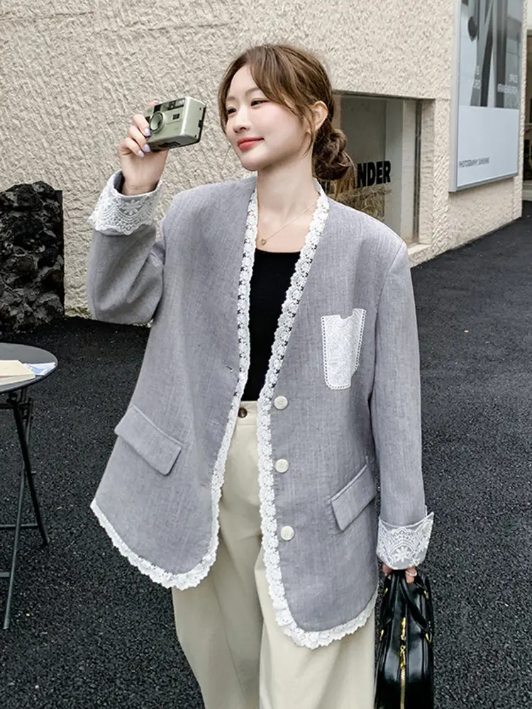 LANMREM Temperament Lace Spliced Collarless Grey Suit Jacket Women's Korean Chic Lace Pockets Design Single Breated Blazer Coat
