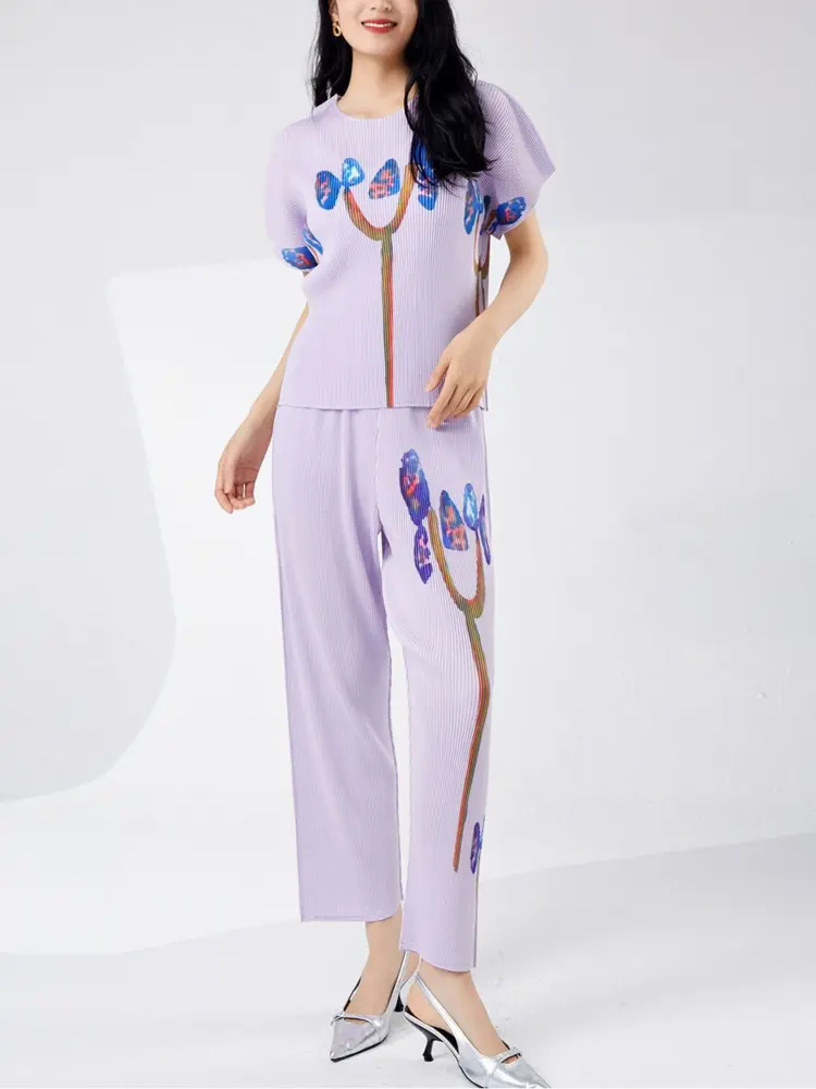 LANMREM Summer Pleasted Light Purple Women's Set Short Sleeve Pullover Top And Straight Leg Pants Print Two Pieces Sets 2DB3318