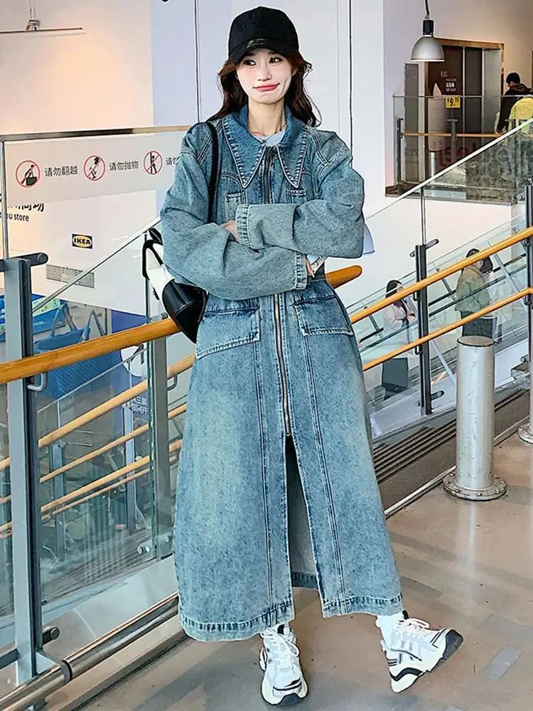 LANMREM Streetwear Denim Long Trench Coat Women Lapel Patchwork Belt Gathered Waist Windbreaker Blue Vintage 2024 New 2AA5075