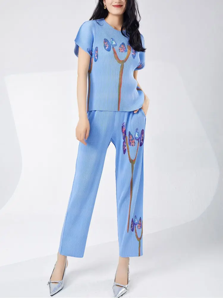 LANMREM Summer Pleasted Light Purple Women's Set Short Sleeve Pullover Top And Straight Leg Pants Print Two Pieces Sets 2DB3318