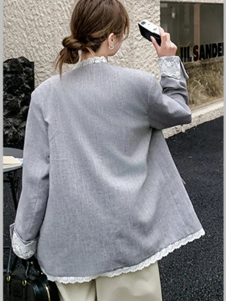 LANMREM Temperament Lace Spliced Collarless Grey Suit Jacket Women's Korean Chic Lace Pockets Design Single Breated Blazer Coat