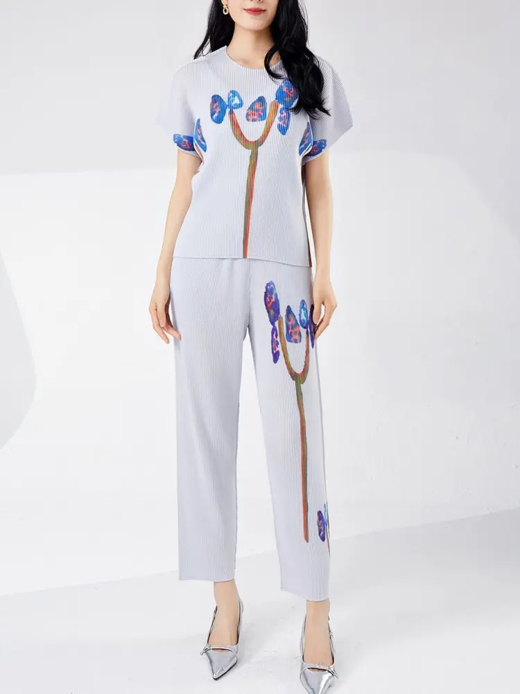 LANMREM Summer Pleasted Light Purple Women's Set Short Sleeve Pullover Top And Straight Leg Pants Print Two Pieces Sets 2DB3318