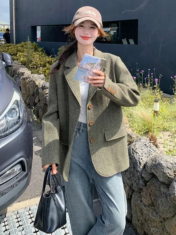 LANMREM Green Woolen Blazers For Women Noched Collar Single Breasted Long Sleeves Coat Office Lady Winter Clothing 2DB1390