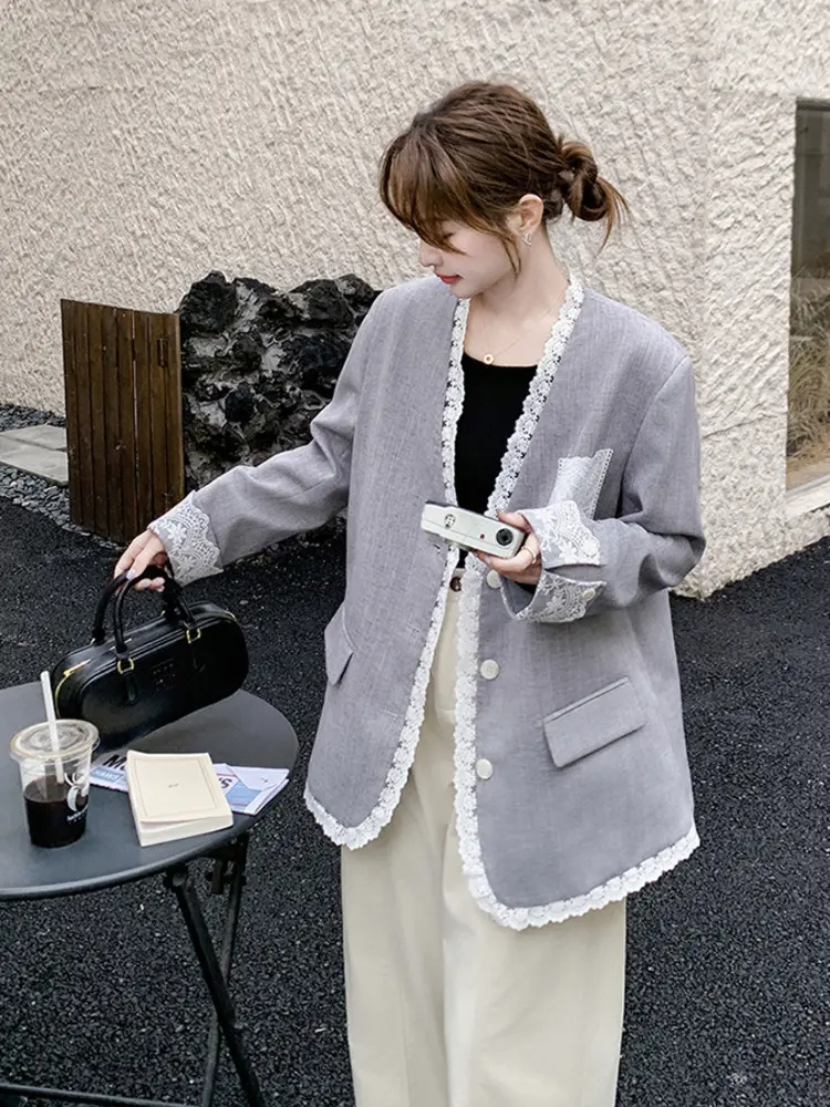 LANMREM Temperament Lace Spliced Collarless Grey Suit Jacket Women's Korean Chic Lace Pockets Design Single Breated Blazer Coat