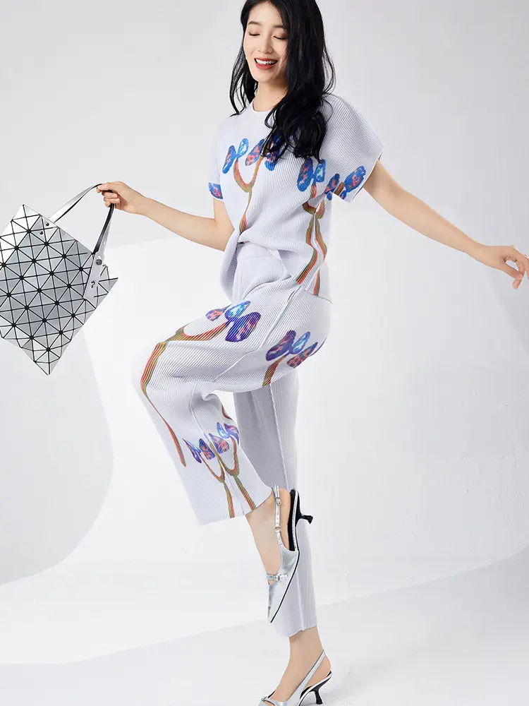 LANMREM Summer Pleasted Light Purple Women's Set Short Sleeve Pullover Top And Straight Leg Pants Print Two Pieces Sets 2DB3318