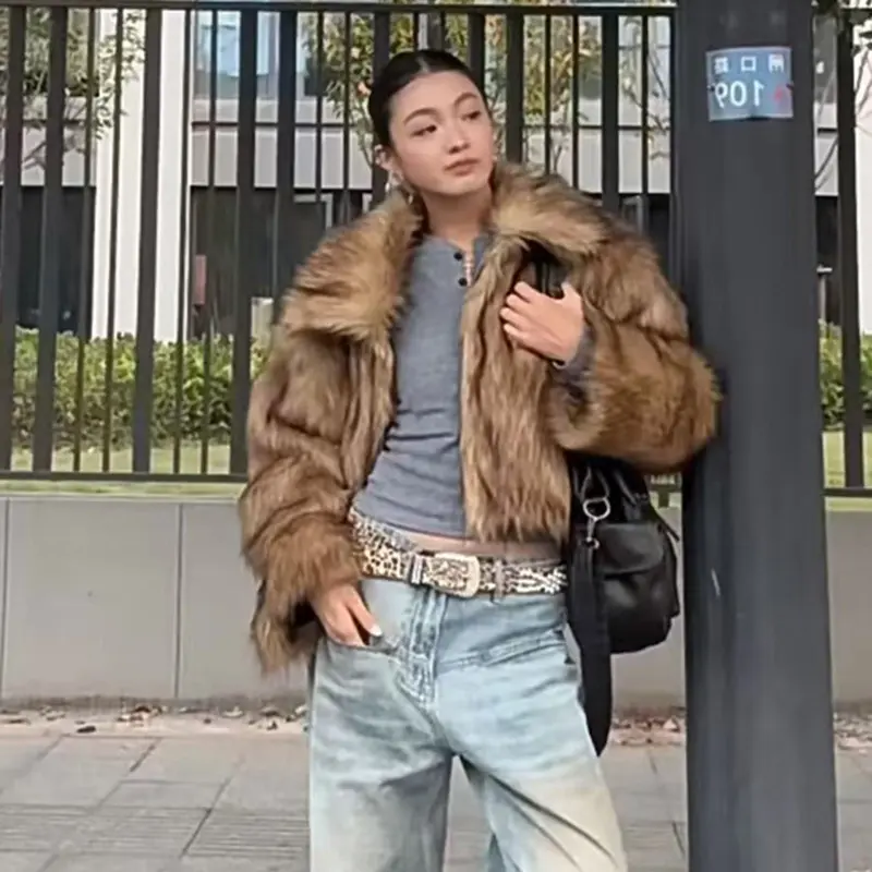 LANMREM Fashion New Women's Fashion Autumn Winter Faux Fur Short Coat Chic Loose Casual Camel Thickend Jacket Big Size 2DB3884