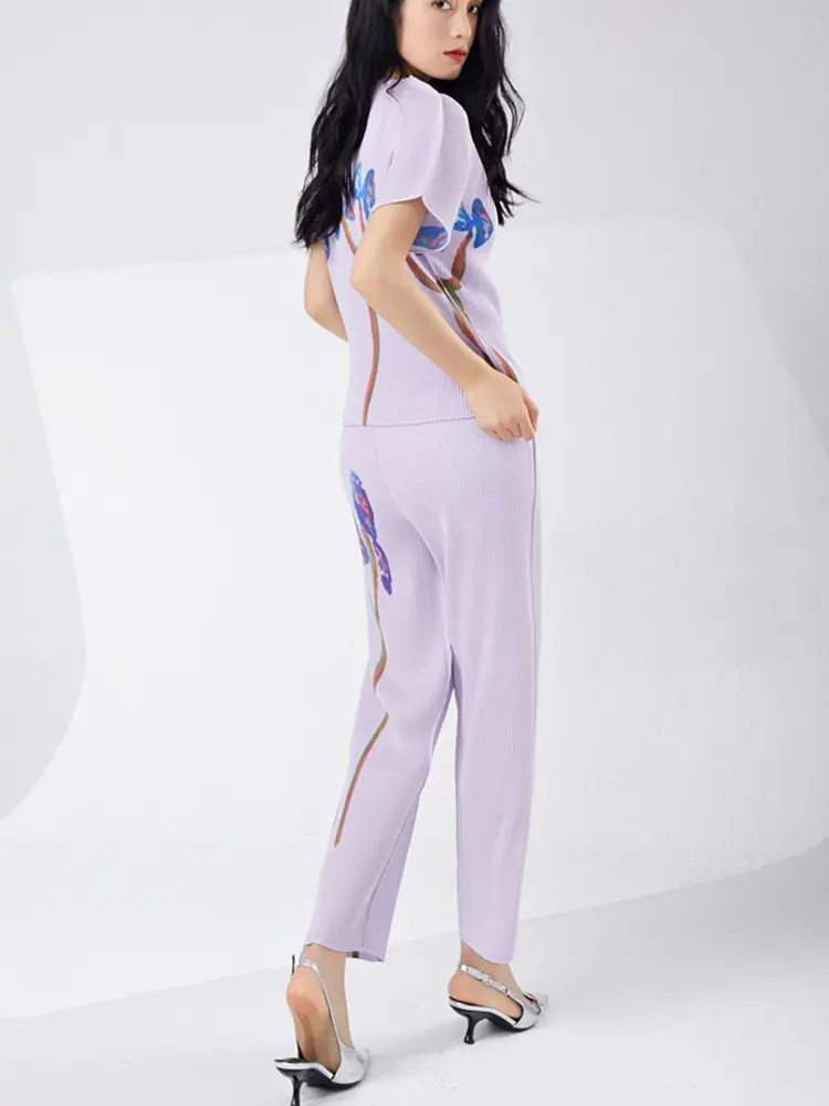 LANMREM Summer Pleasted Light Purple Women's Set Short Sleeve Pullover Top And Straight Leg Pants Print Two Pieces Sets 2DB3318