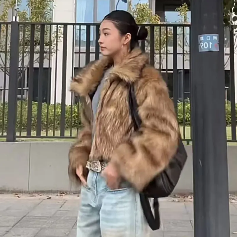 LANMREM Fashion New Women's Fashion Autumn Winter Faux Fur Short Coat Chic Loose Casual Camel Thickend Jacket Big Size 2DB3884