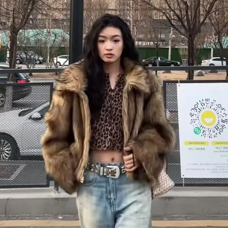 LANMREM Fashion New Women's Fashion Autumn Winter Faux Fur Short Coat Chic Loose Casual Camel Thickend Jacket Big Size 2DB3884