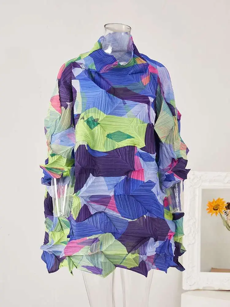 LANMREM Fold Blouse Women's Color Block Stretch Midi Loose Blouses Tide Female Fashion Pleated Long Top 2025 Spring New 2Ra4284