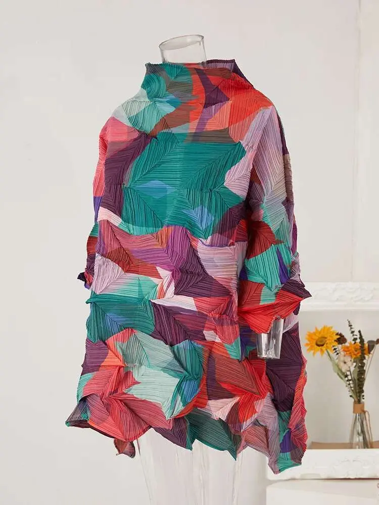 LANMREM Fold Blouse Women's Color Block Stretch Midi Loose Blouses Tide Female Fashion Pleated Long Top 2025 Spring New 2Ra4284