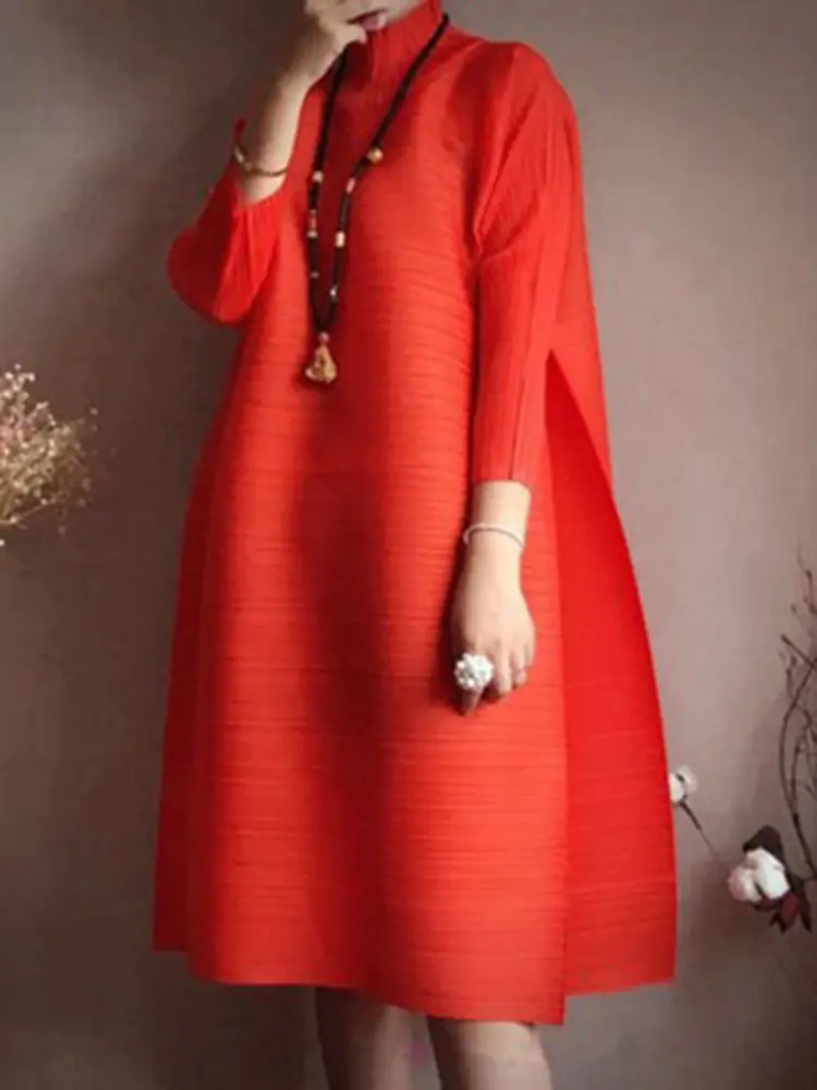 LANMREM Women Stand Collar Pleated Dress Three Quarter Sleeves Knee-length Dresses Female 2025 Spring New Fashion 2DC1319