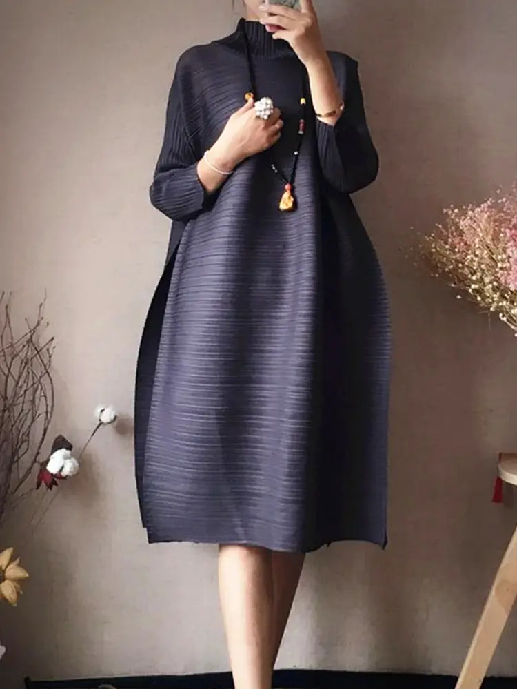 LANMREM Women Stand Collar Pleated Dress Three Quarter Sleeves Knee-length Dresses Female 2025 Spring New Fashion 2DC1319