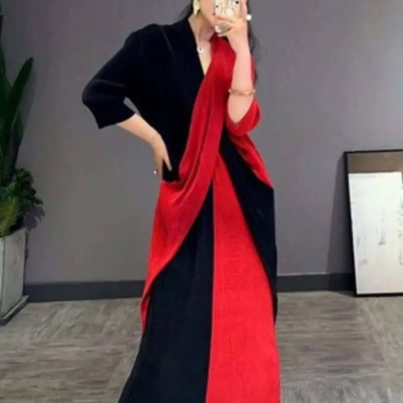 LANMREM 2025 casual a-line v-neck mid-calf three quarter sleeve Patchwork elegant cross stitching slimming pleated dress 2A221