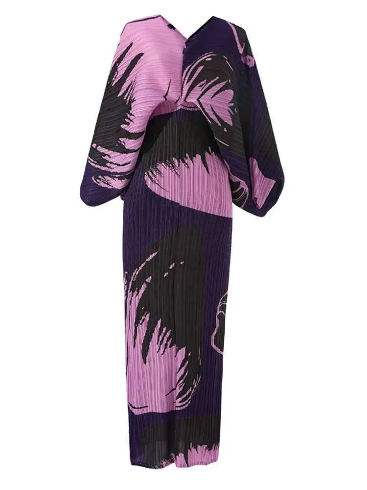 LANMREM Pleated Zebra Printed Dress 2025 Summer Spring New Women Elegant Style Thin Bat Sleeve V Neck Loose Long Dresses 2R2232