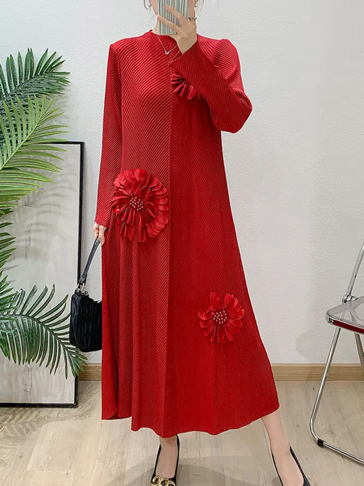 LANMREM Handmade Folded Flower Nail Bead Pleated Women's Dress 2025 New Loose Casual Stand Collar Long Sleeve Dresses 2DB3048