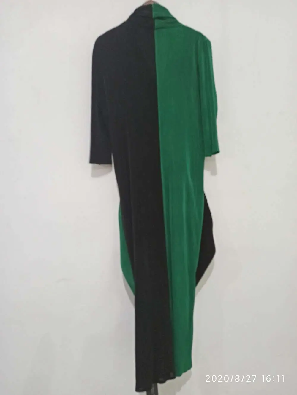 LANMREM 2025 casual a-line v-neck mid-calf three quarter sleeve Patchwork elegant cross stitching slimming pleated dress 2A221