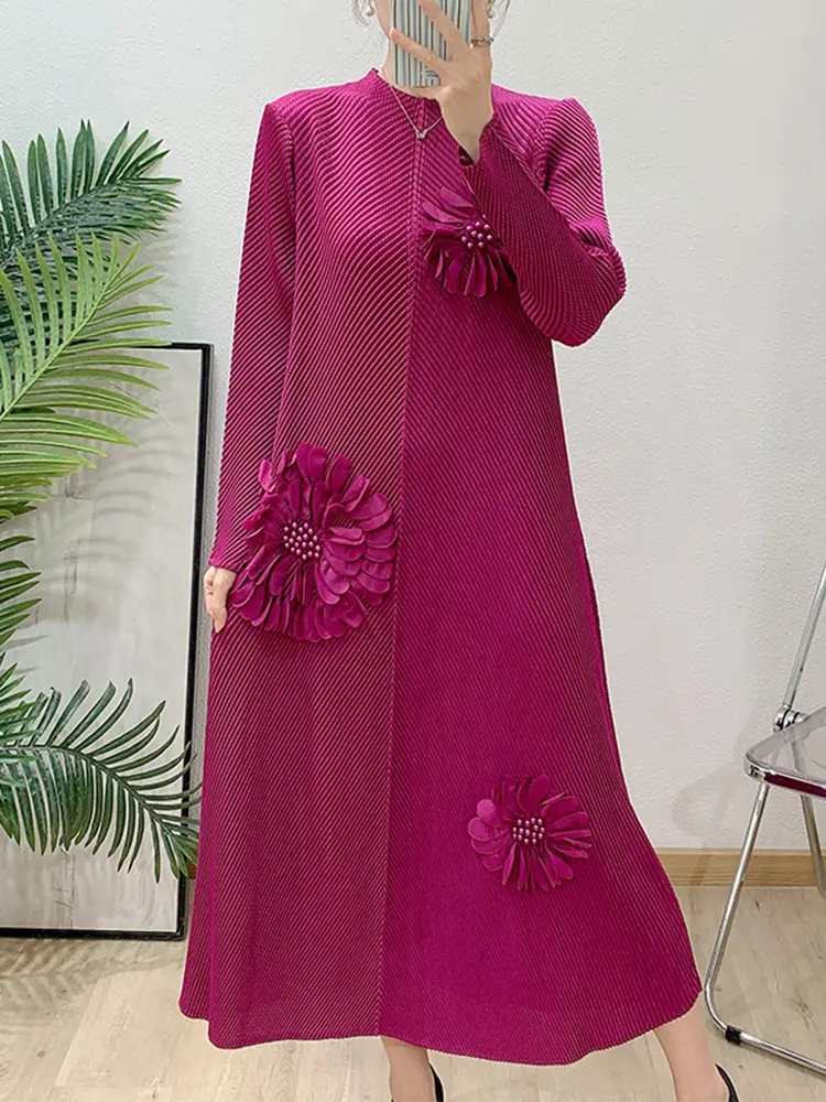 LANMREM Handmade Folded Flower Nail Bead Pleated Women's Dress 2025 New Loose Casual Stand Collar Long Sleeve Dresses 2DB3048