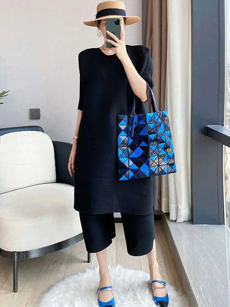 LANMREM Women Pleated Sets Half Sleeve O-neck Long Tops Solid Color Elastic Waist Calf-length Wide Leg Pants 2025 Summer 2I537