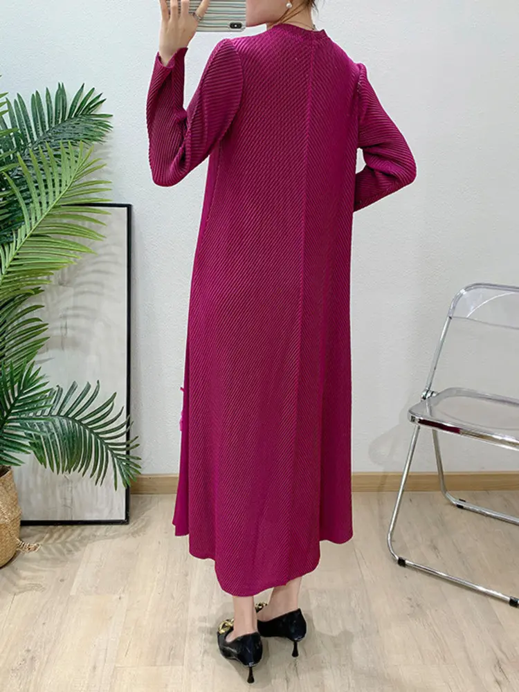 LANMREM Handmade Folded Flower Nail Bead Pleated Women's Dress 2025 New Loose Casual Stand Collar Long Sleeve Dresses 2DB3048