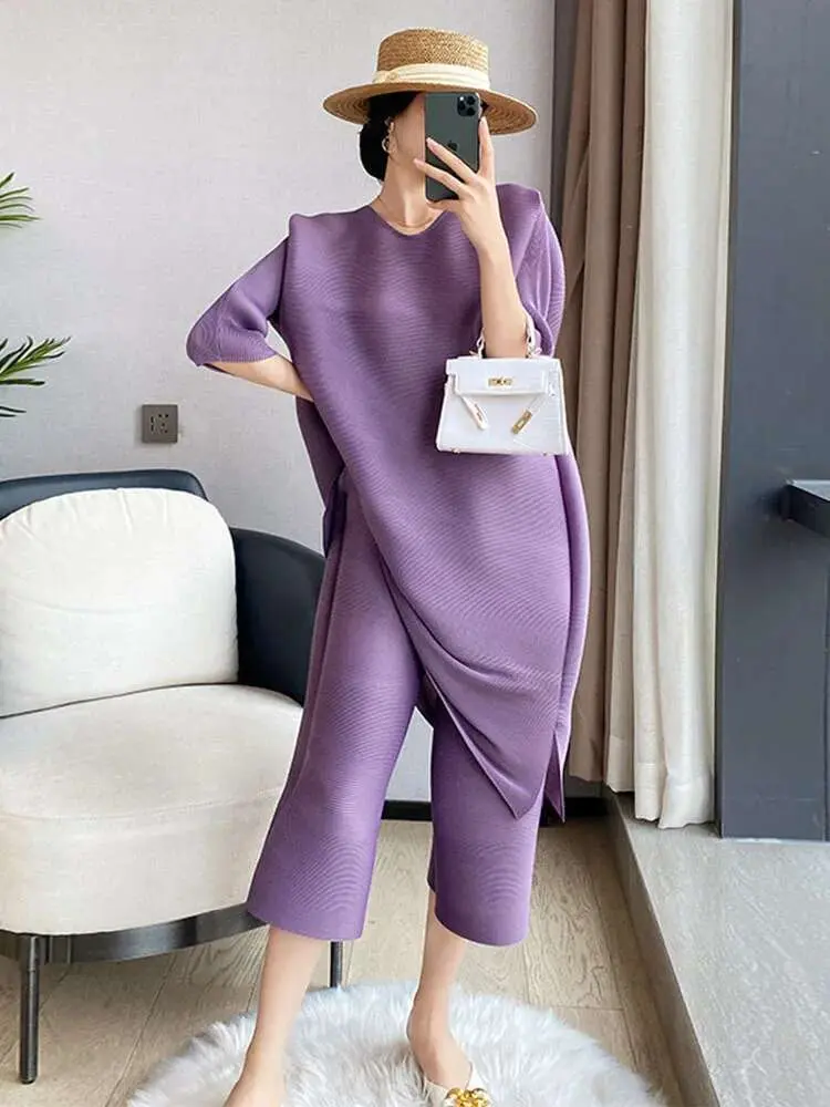 LANMREM Women Pleated Sets Half Sleeve O-neck Long Tops Solid Color Elastic Waist Calf-length Wide Leg Pants 2025 Summer 2I537